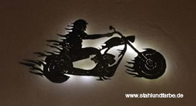 Led metal wall picture flames biker, backlit, height 40cm x width 70cm.