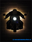 Metal wall picture Harley Davidson Biker, backlit, with headlights dimmable behind lit up.