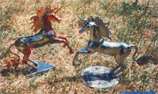 Steel sculpture and copper sculpture unicorn.