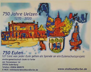 Plakat Flyer 750 Eulen Projekt für das 750 Jahre Stadtjubiläum der Uhlenköperstadt Uelzen.
